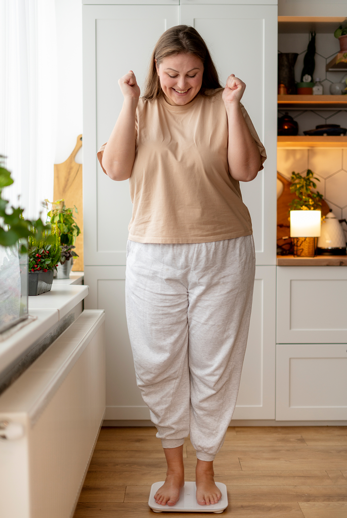 Woman celebrating weight loss success at home